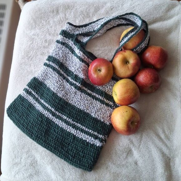 Hand-Crocheted Striped Tote Bag - Green & Gray - Unique & Stylish - Eco-Friendly - Picture 1 of 6